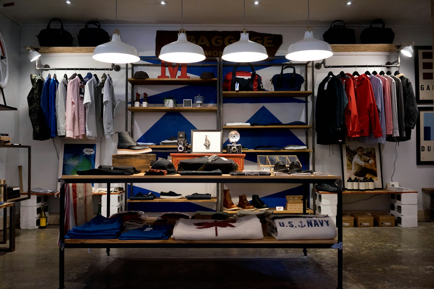 Clothing and product displays in a retail space